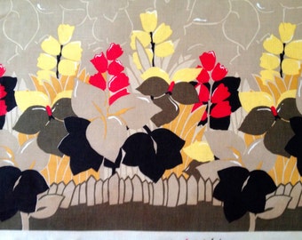 1960s Hawaiian Floral Fabric: Red, Yellow, and Black Tropical Design