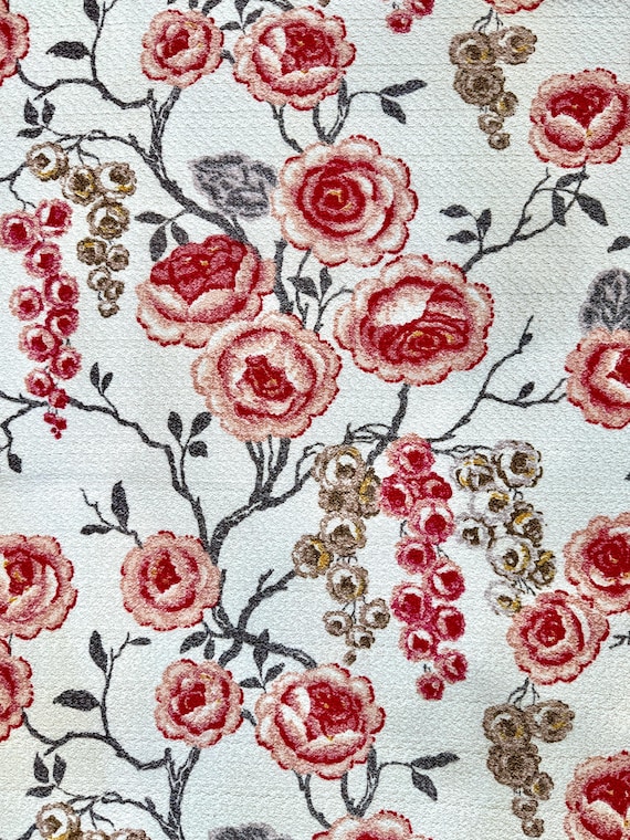 Climbing Roses 40s Barkcloth Fabric/ Cotton Remnant for Pillows, Home Decor-  2+ Yards
