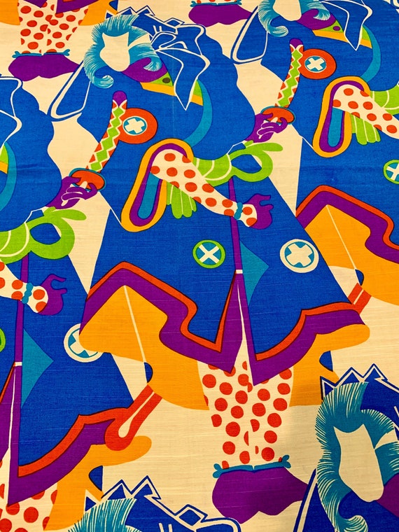 Fun 80s Psychedelic Silk Fabric/ Samurai Swordsman Meets Court Jester/ Apparel/ Wall Art/ Home Decor/ BTY 3 Yards Available