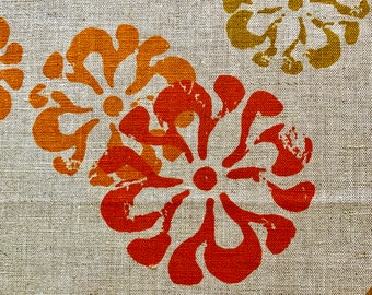 60s Flower Power Cotton Linen Fabric: Orange & Olive Floral Yardage