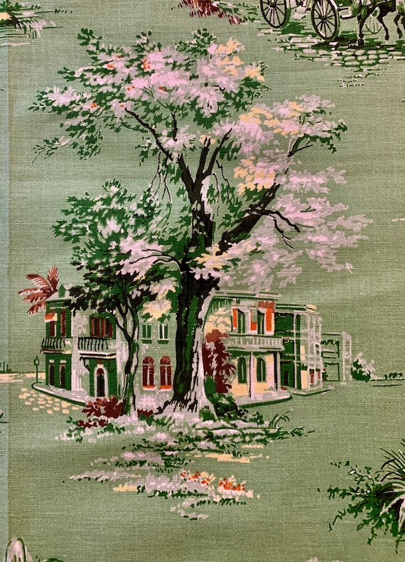 Vintage 40s Barkcloth Fabric/ Architectural Design Victorian Neighborhood/ Cotton Yardage for Upholstery and Home Decor/ 12 Yards Available
