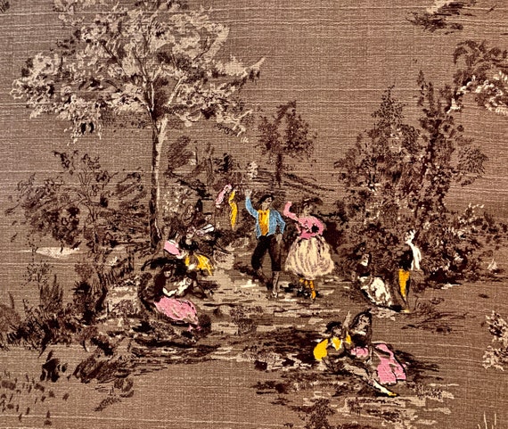 Enchanting 1950s 18th Century Party in A  Forest Barkcloth/ Cotton Yardage for Upholstery Drapery and Home Decor/47"W x 3.2 Yards L