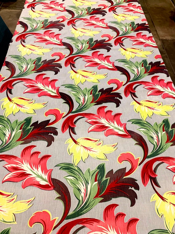 Tropical 40s Barkcloth Fabric with Colorful Foliage/  Miami Beach Chic Cotton Yardage for Home Decor and Apparel/ 28"W x 33"L