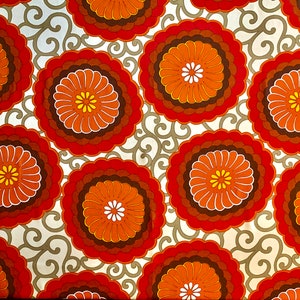 1970s Floral Viscose Fabric: Groovy Orange, Yellow, Raspberry Blooms (48&quot;x46&quot;)