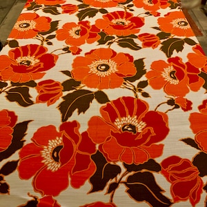 Groovy 70s Floral Fabric with 10" Orange Blooms/ Rayon Yardage for Upholstery and Home Decor/ 8 Yards Available