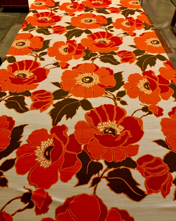 Groovy 70s Floral Fabric with 10" Orange Blooms/ Rayon Yardage for Upholstery and Home Decor/ 8 Yards Available