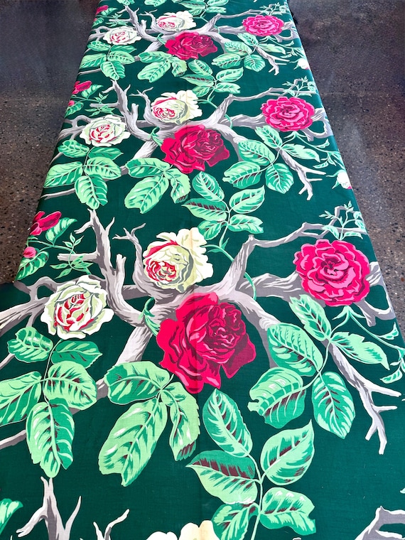Vintage 1950s Floral Broadcloth Upholstery Fabric: Pink Roses, 46"x105"
