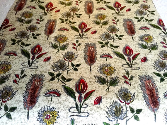 MCM Barkcloth Featuring A Botanical Study of Flowers/ Eames Era Cotton Remnants for Upholstery and Home Decor/ 2 Panels Available