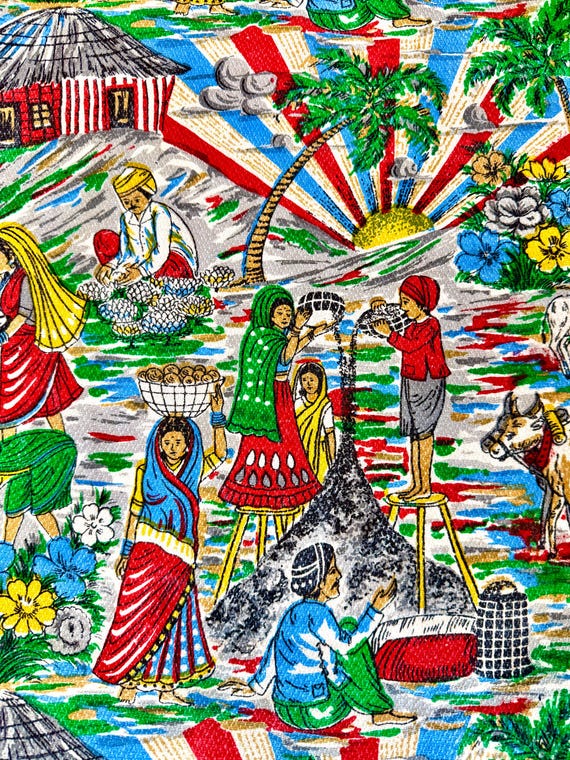 70s South Asian Farm Life Barkcloth Fabric with a Grandma Moses Vibe/ 46"x 91"w