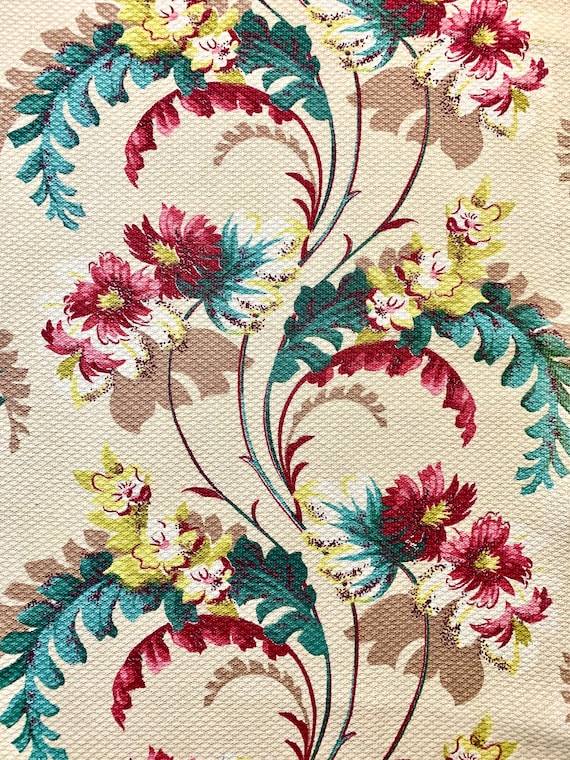 Hollywood Regency Tropical Floral Barkcloth Fabric/ Cotton Yardage for Upholstery and Home Decor/ 35"W x 83"L/ White Colorway