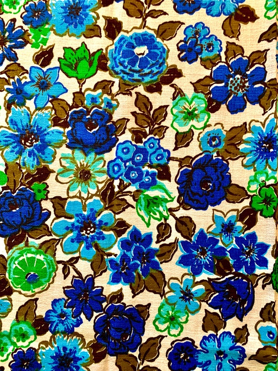 Bright Blue, Green, and White, Boho Vintage 1960s Floral Barkcloth Fabric/Cotton Yardage for Home Decor and Apparel/ 3+ Yards