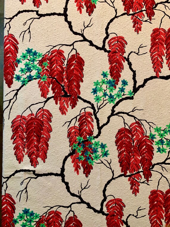 50s Mid Century Mod Stylized Foliage and Flowers Hand Printed Barkcloth Fabric/ Cotton Yardage for Home Decor and Upholstery/ 2 Yards