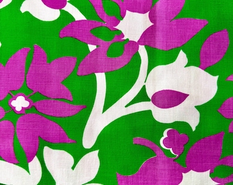 Tessuto Mod Tulip anni '60: tela di cotone a trama larga viola, bianca e verde.