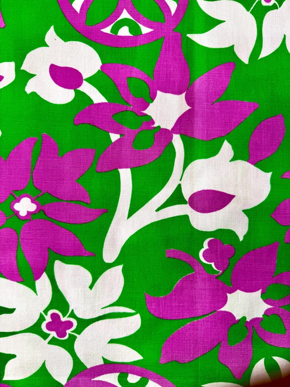 1960s Mod Tulip Fabric: Purple, White, Green Cotton Broadcloth
