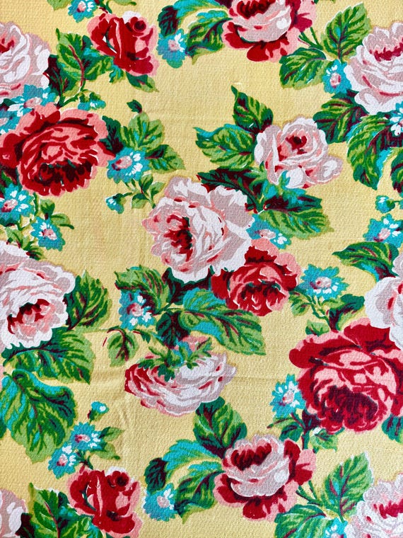Graphic Roses and Foliage 50s Barkcloth Fabric with a Shabby Chic Vibe/ Cotton Yardage for Upholstery and Home Decor/ 45"W x 84"L