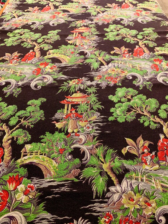 Beautiful 1950s Asian Inspired Barkcloth Fabric for Upholstery and Home Decor/ 2 Panels Available