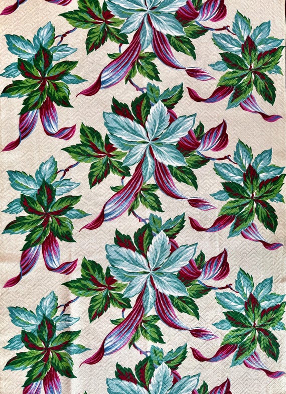 Hollywood Glam Floral Barkcloth/ Banana and Poinsettia  Leaves  with a Colorful Twist/ Cotton Yardage for Upholstery and Home Decor/ 34"x87"