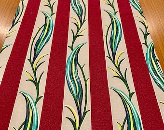 Vintage 50s Baumrindenstoff: Cranberry Streifen, Türkis Laub