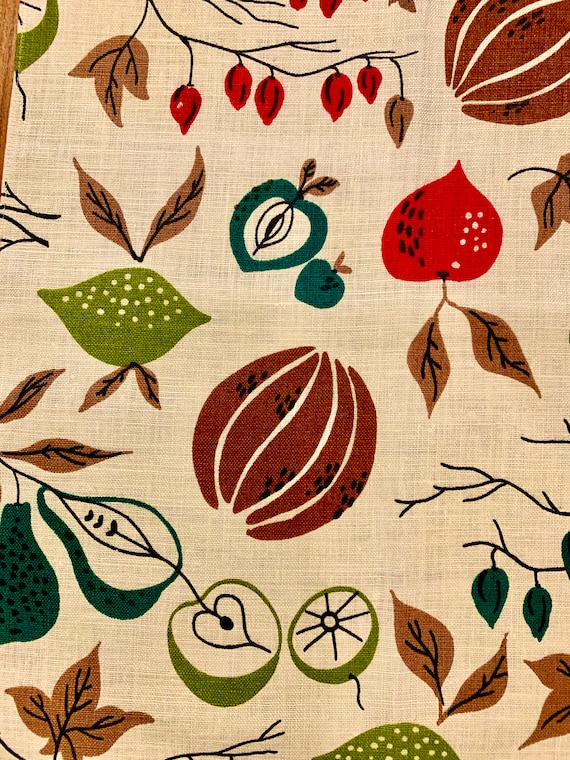 Fabulously Kitsch 50s Fruit and Foliage  Barkcloth Fabric// Linen Yardage for Kitchen Decor and Upholstery