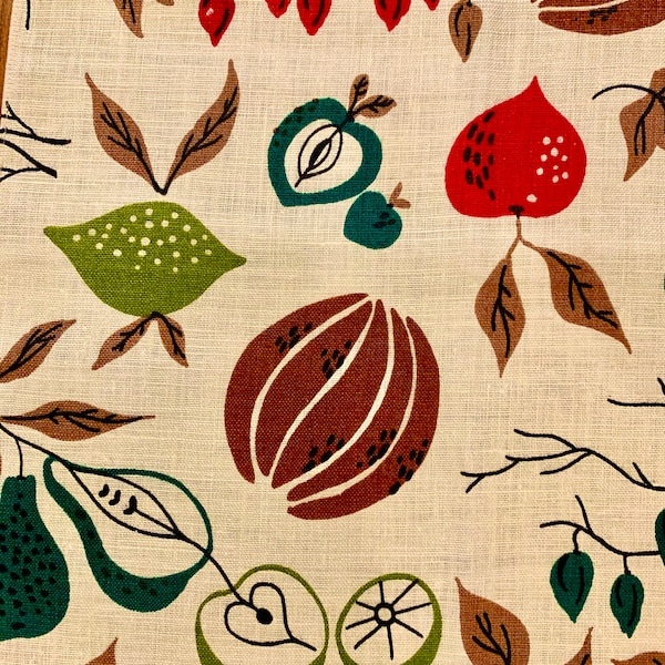 Fabulously Kitsch 50s Fruit and Foliage  Barkcloth Fabric// Linen Yardage for Kitchen Decor and Upholstery