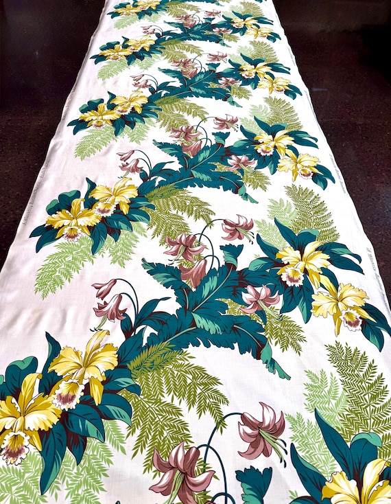 1960s Dazzling Orchids and Lillies Polished Cotton Fabric Yardage for Upholstery and Home Decor, 4 Yards Available