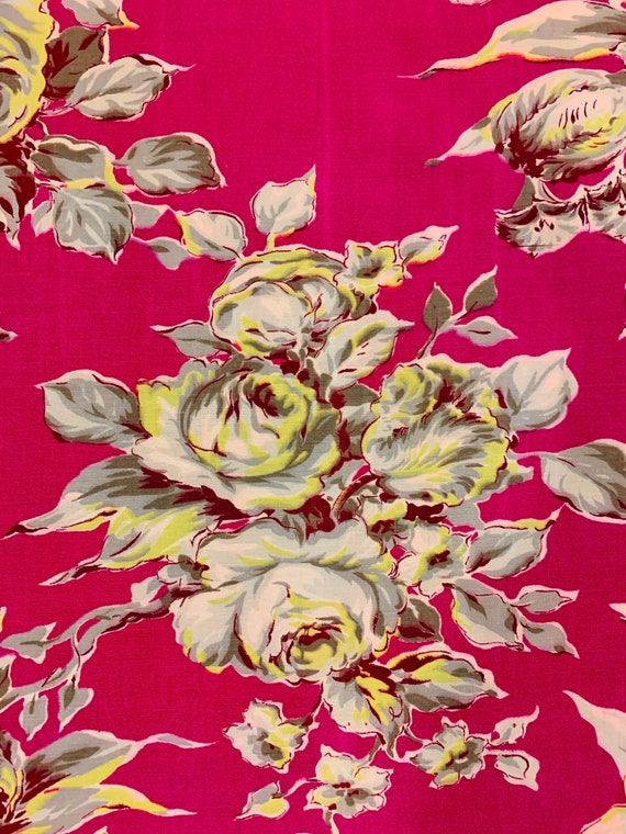 Vintage 1930s Roses Barkcloth Era Fabric with a Fuchsia Twist/ Hollywood Glam Remnant for Upholstery and Home Decor