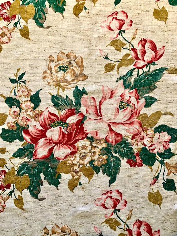 Bountiful Bouquets Vintage 40s Barkcloth Fabric in Stunning Pastels - Cotton Yardage for Upholstery and Home Decor - 2 Panels Available