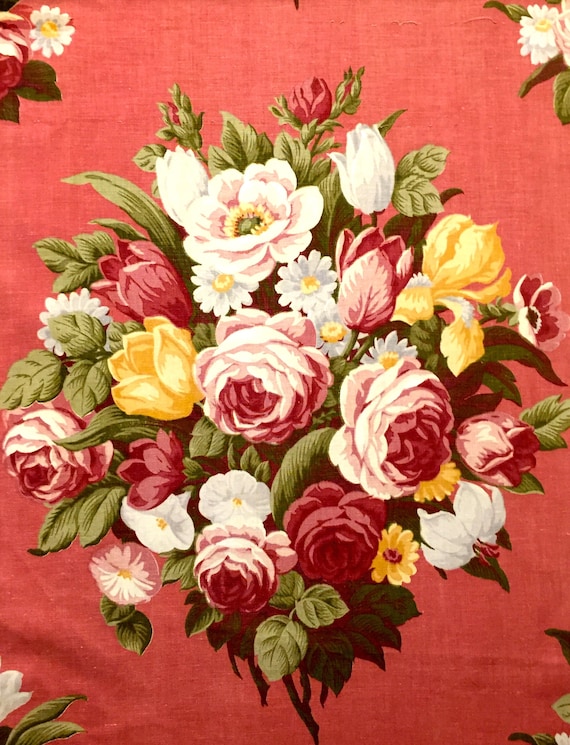 Vintage 40s Roses and Tulips Barkcloth Fabric/ Hollywood Glam Cotton Yardage for Upholstery and Home Decor/ 4 Panels