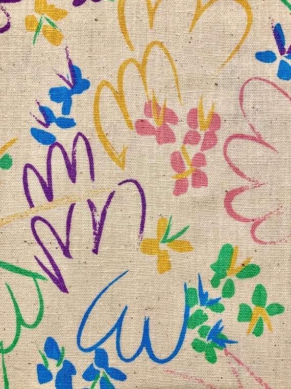 Adorable 1960s Broadcloth Fabric/ Blooms and Squiggles Linen Yardage for Apparel and Home Decor/ 44"W x 46"L