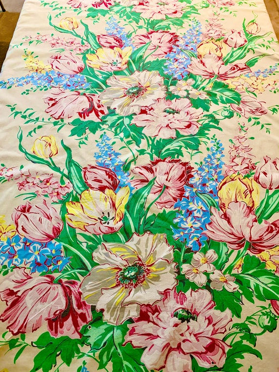 Tantalizing Tulips 1940s Barkcloth Era Fabric/  Cotton Yardage Home Decor/ 2 Panels Available 38"W x 78"L