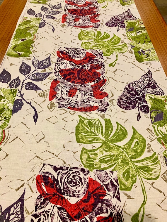 Fab 50s Abstract Roses and Foliage Barkcloth Fabric/ Pattern Montrose/Cotton Yardage for Upholstery and Home Decor/ 2 Panels Available