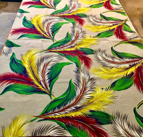 Fab 1950s Feather Flowers and Foliage Barkcloth/ Cotton Remnant Perfect for Pillows/ 34"W x 49"L