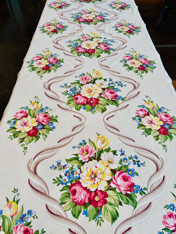Vintage 40s Hollywood Regency Floral Barkcloth for Curtains, Home Decor-3 Panels 36"x86"