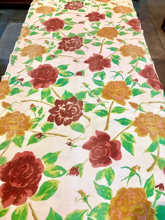 Romantic Roses Vintage 40s Barkcloth Fabric/ Cotton Yardage for Upholstery and Home Decor