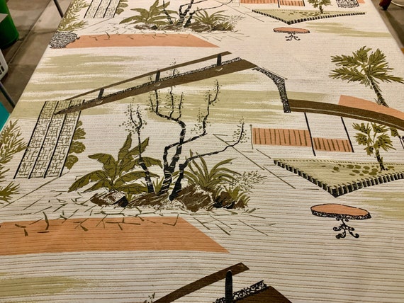 Groovy 1950s Mad Men California Ranch Architectural Barkcloth Fabric Remnant for Home Decor/ 42"W x 37"L