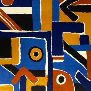 May include: Abstract geometric pattern in blue, orange, yellow, black and white. The pattern is made up of squares, rectangles, circles and arrows.