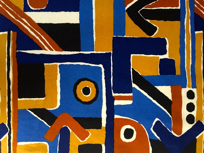 May include: Abstract geometric pattern in blue, orange, yellow, black and white. The pattern is made up of squares, rectangles, circles and arrows.