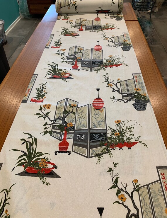 50s MCM Barkcloth with an Architectural Flair and an Asian Inspired Twist// Cotton Yardage for Upholstery and Home Decor/ BTY 19Yards Aval.