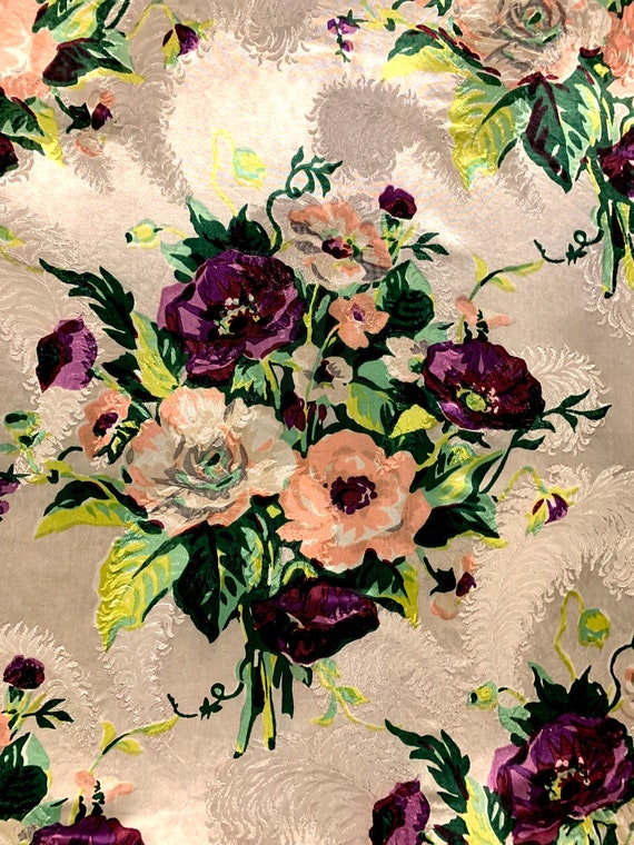 Beautiful Bouquets Vintage 1930s Acetate Satin Fabric/ Hollywood Glam Floral Yardage for Home Decor and Upholstery/ 8 Panels