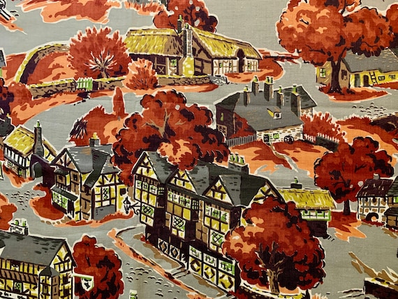 Adorable 1930s Broadcloth Fabric with a Grandma Moses 19th Century Village Vibe/ Cotton Yardage for Upholstery and Home Decor/ 5 Yards Aval