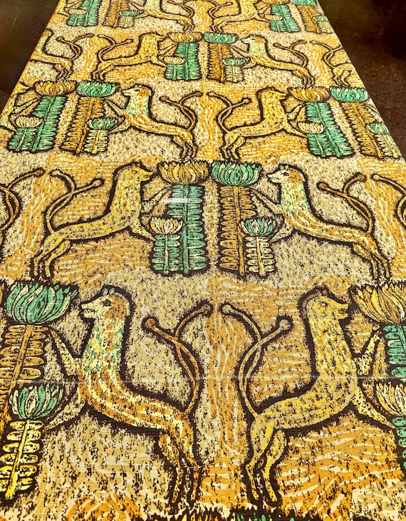 1950s MCM Lion Lotus Linen Barkcloth Era Fabric/2 Panels Available