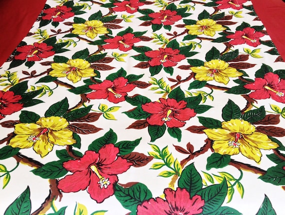 Tropical with a Twist//  Stylized Hibiscus Design// Fab 40s Mid Century Floral Fabric// Acetate Yardage// Reclaimed and Upcycled Drapery