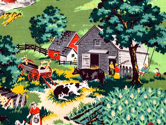 Early 20th Century Rural Farm Life Barkcloth Fabric with a Grandma Moses Vibe/ Cotton Yardage for Upholstery and Home Decor/ 4 Uncut Yards