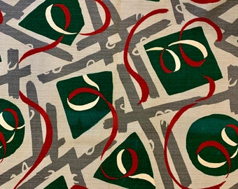 Tissu de Noël MCM des années 50 : tissu en coton vert, rouge et blanc