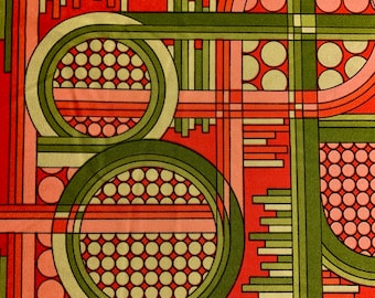 May include: Abstract geometric pattern fabric in shades of red, green, and pink. The fabric features circles, squares, and lines.