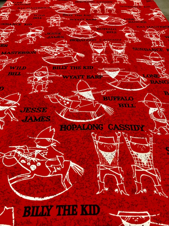 Adorable 1950s Kids Room Cowboy Fabric/ Canvas Cotton Yardage for Upholstery and Home Decor/ 2 Large Panels Available