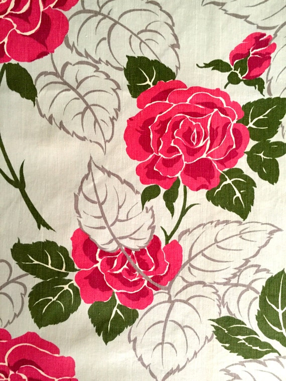 Graphic Roses and Foliage 50s Barkcloth Era Fabric/ Cotton Yardage for Upholstery and Home Decor/ 3 Panels Available