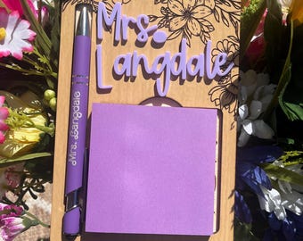 Personalized Teacher Gift Set Engraved Sticky Note Holder Custom Desk Organizer with Engraved Pen