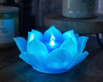 Candelabro de té con forma de loto azul que brilla en la oscuridad: accesorio bohemio para el hogar