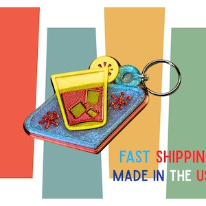 Personalized Retro Drink Keychain Mid Century Modern Cocktail Style Bag Charm Accessory Retro  Aesthetic MCM MidMod Gift Key Ring Holder